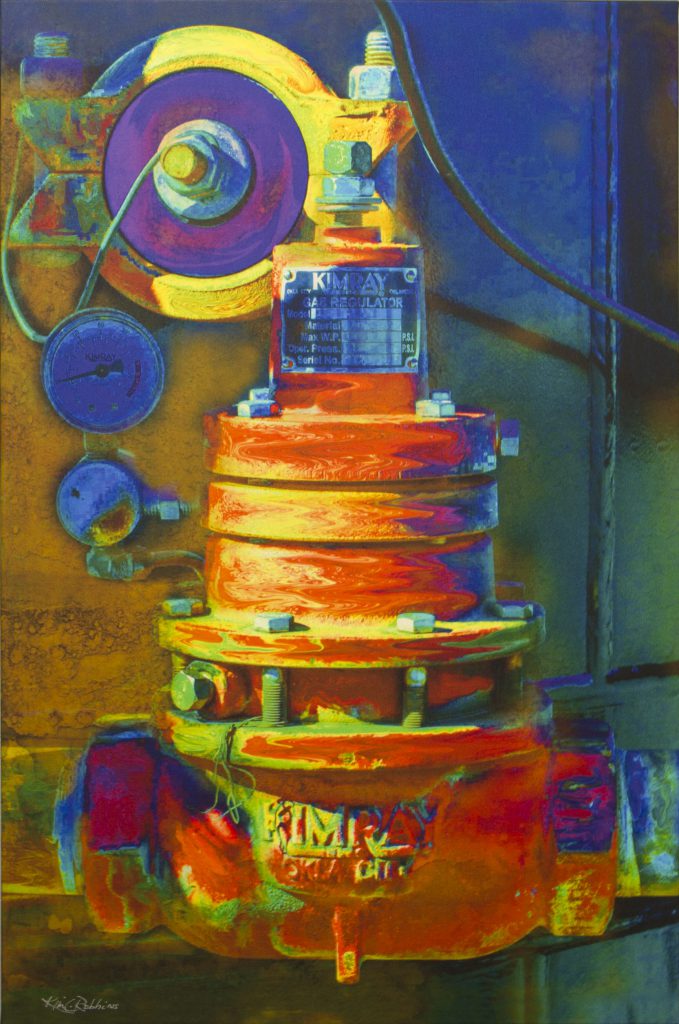 Colorful painting of a Kimray Back Pressure Regulator by Kim Robbins