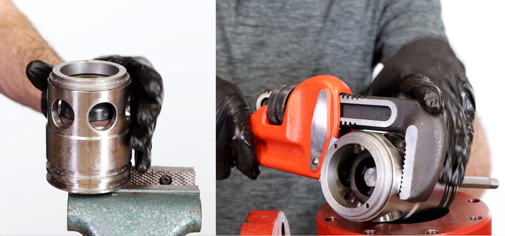 Methods Shown for Holding the Cage and Piston in Place - Vise and Pipe Wrench
