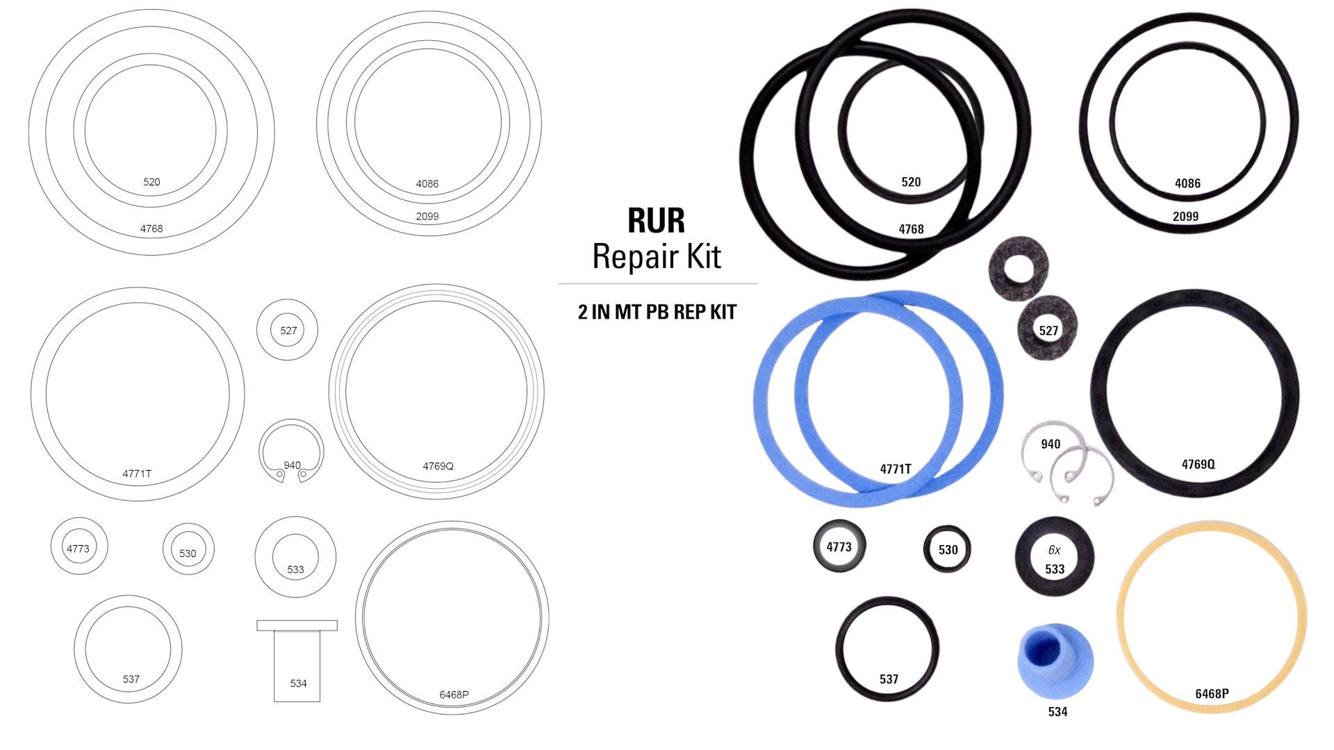 RUR Repair Kit Shown with Line Art and Photo of Parts
