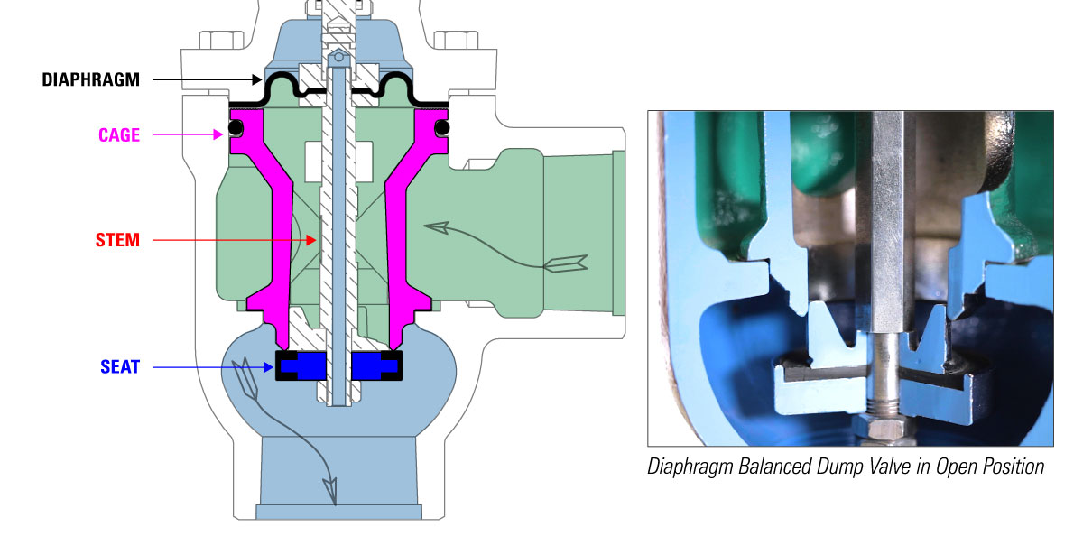 diaphragm balanced dump valve internals illustration and flow path