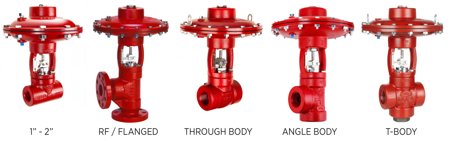 kimray stem guided valve options with photos of sizes and end connection options