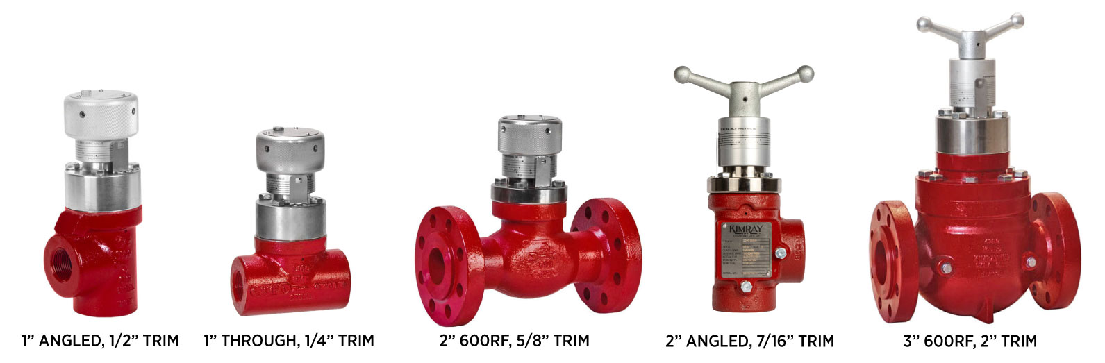 kimray metering valve photos of various bodies, end connections and manual actuator tops