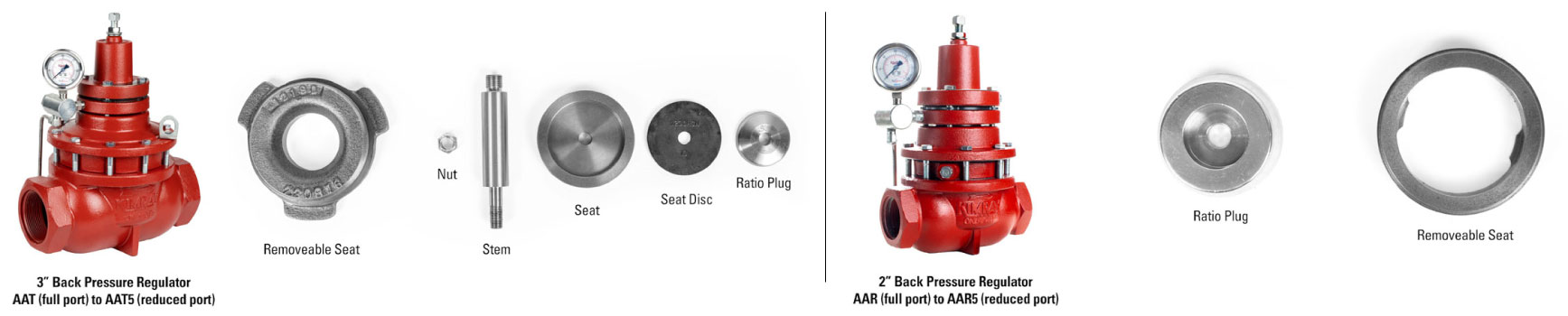 photos of parts needed for the 2" and 3" BPR conversion from full port to reduced port