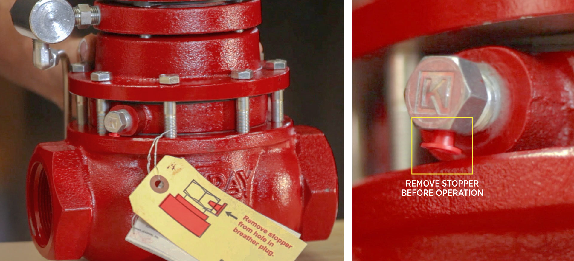 photos of the back pressure regulator vent plug stopper that must be removed before operation