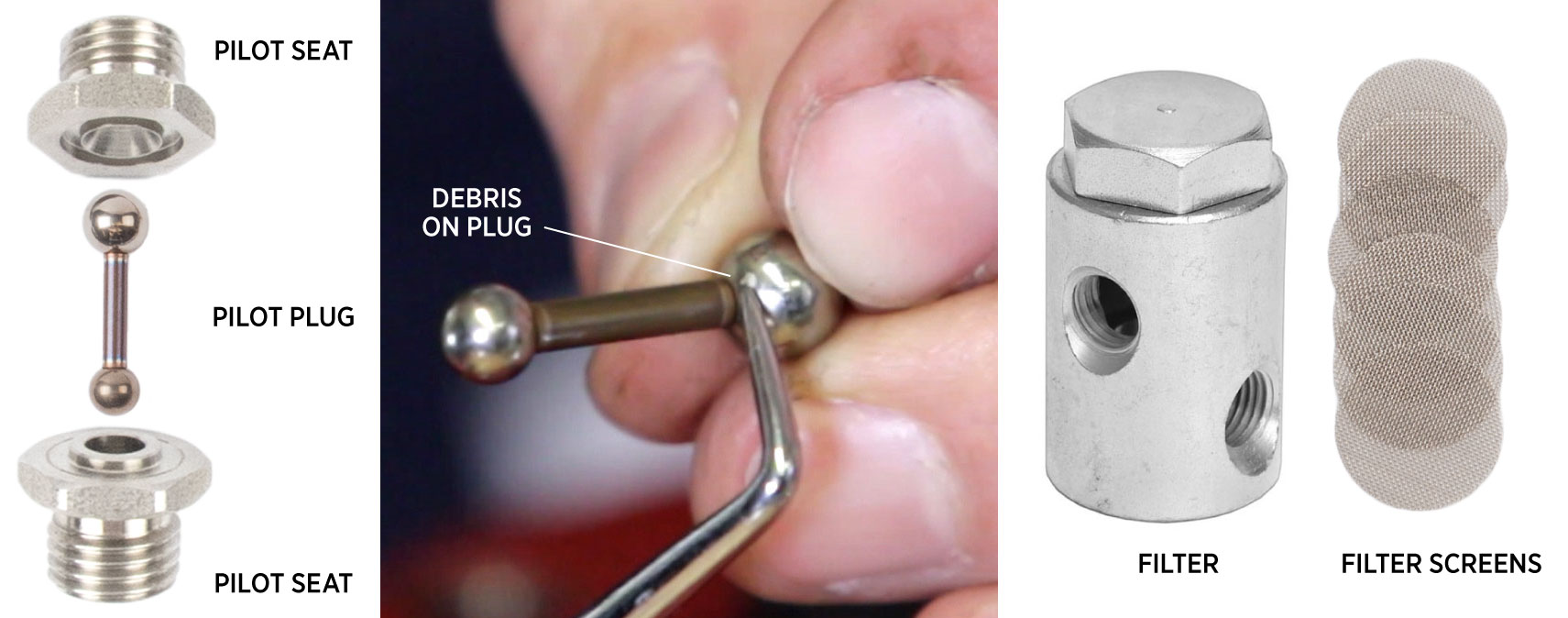 detail photos of the pilot seat and pilot plug highlighting small debris on the plug