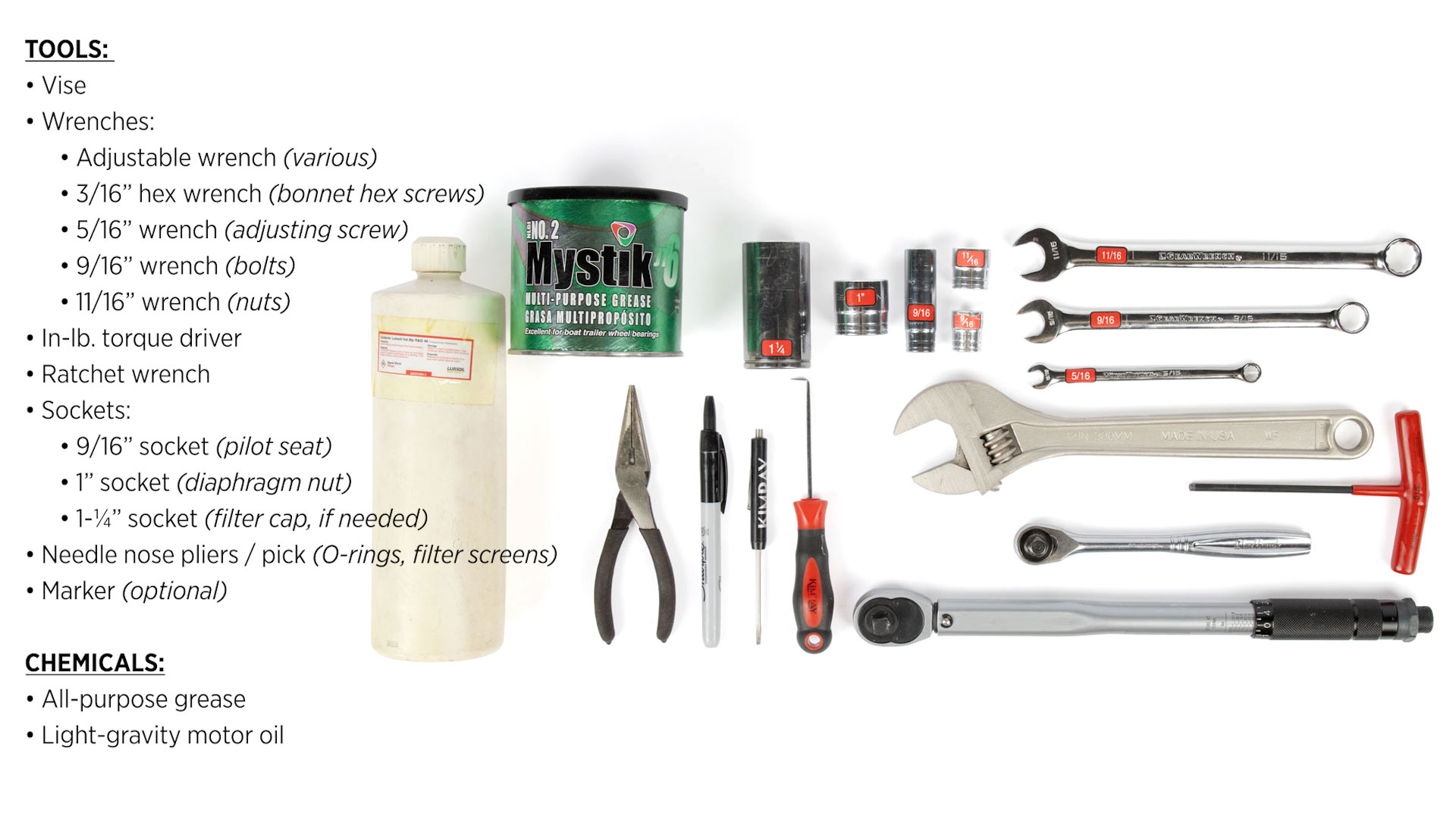 Tools needed for kimray pilot repair with list and photos