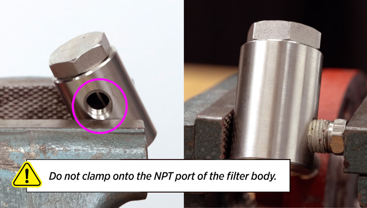how to clamp the filter body in a vise