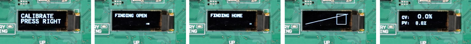 Five screens on the electric actuator shown during calibration