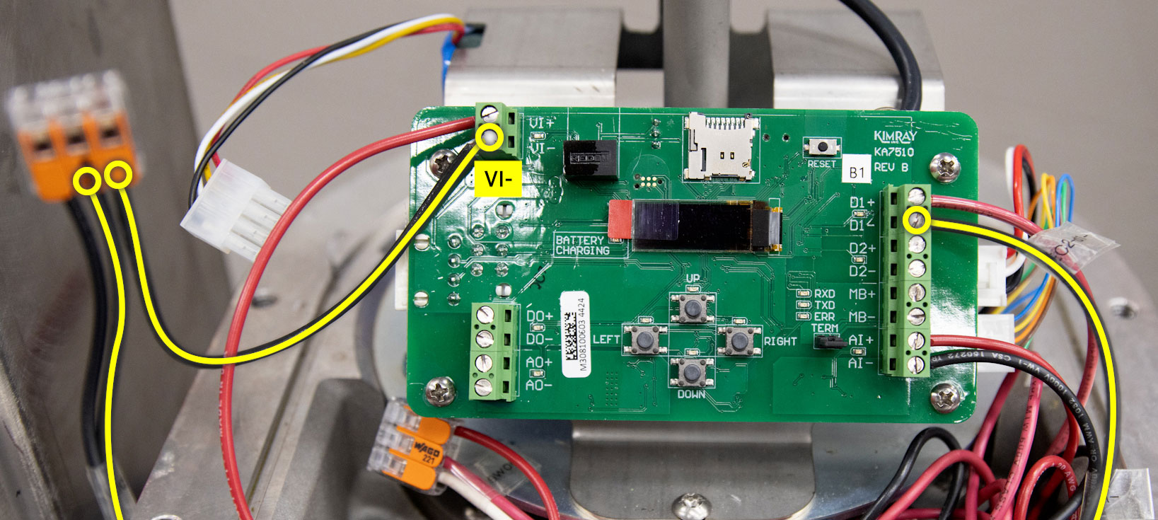 Connect VI- to D1-. Again, we'll be using connectors to share main power from the actuator.