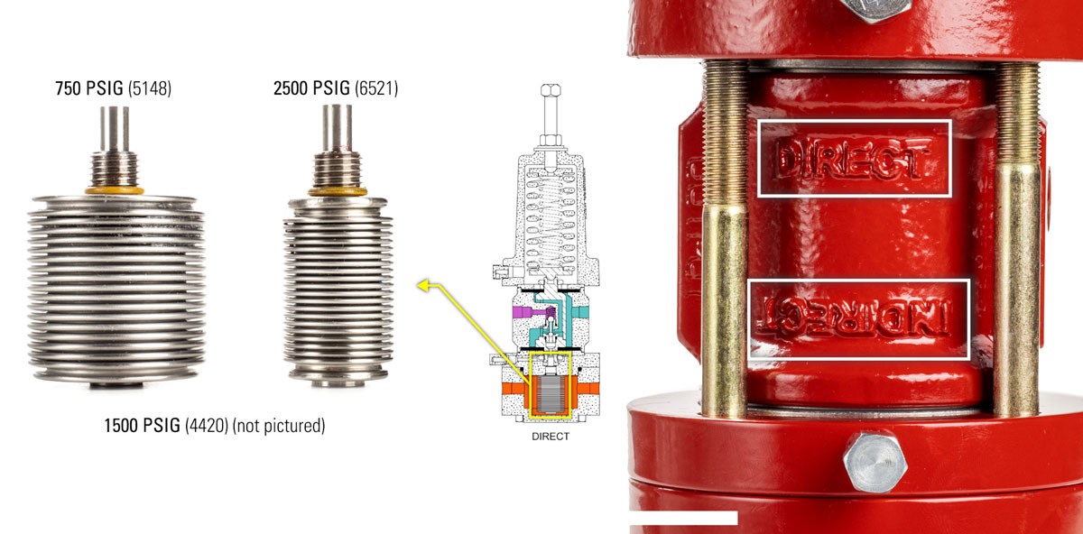 bellows pilot options with different spring options and direct vs indirect