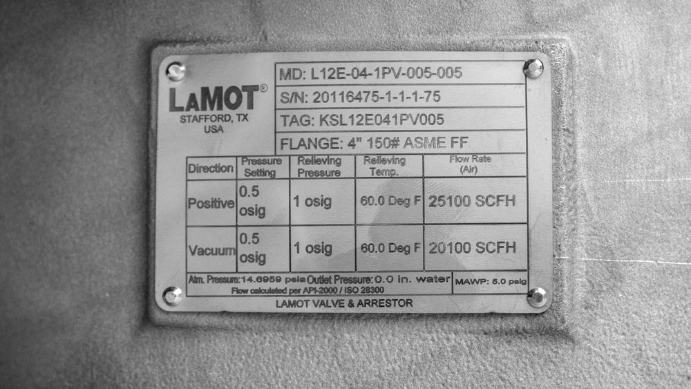 LaMOT L12E tag showing pressure and vacuum pressure settings