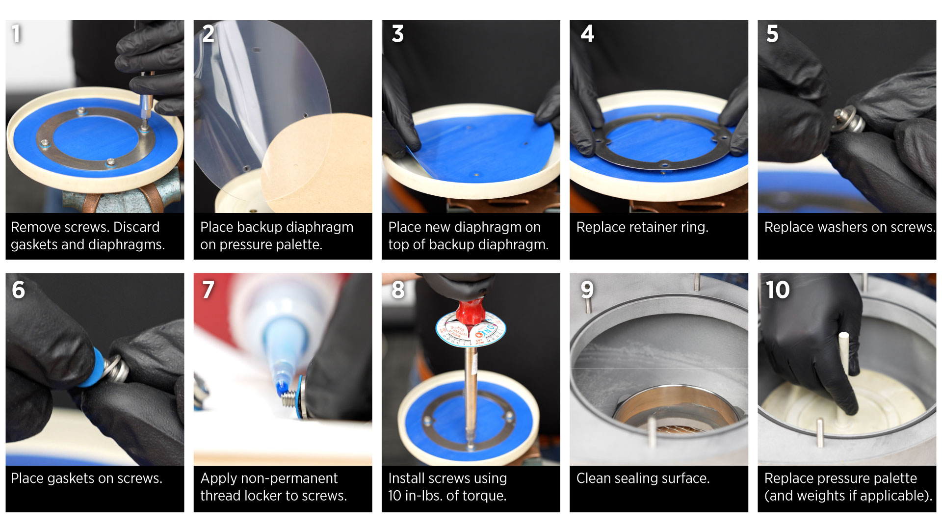 10 steps for installing new diaphragms and gaskets on the LaMOT L12E PVRV