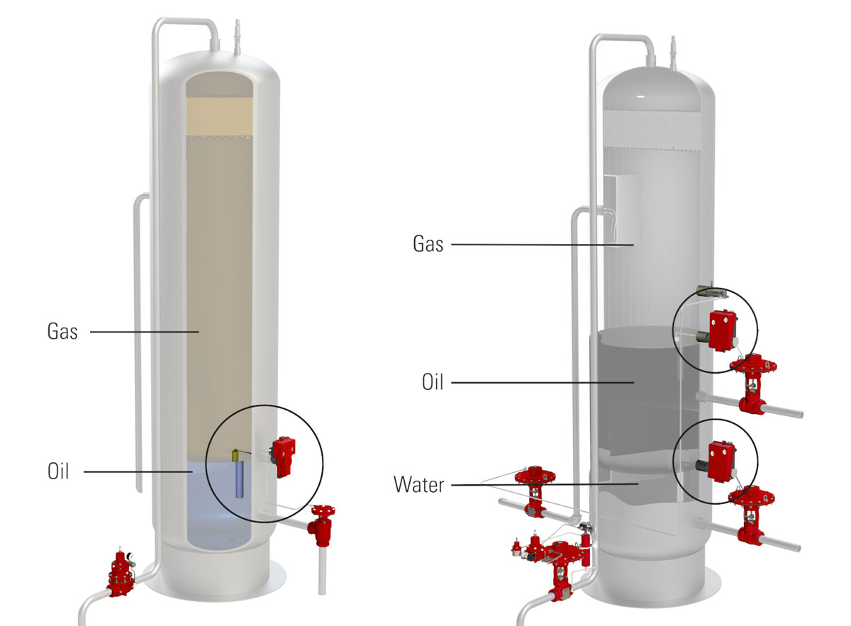two-phase and three-phase separator renderings with level controllers